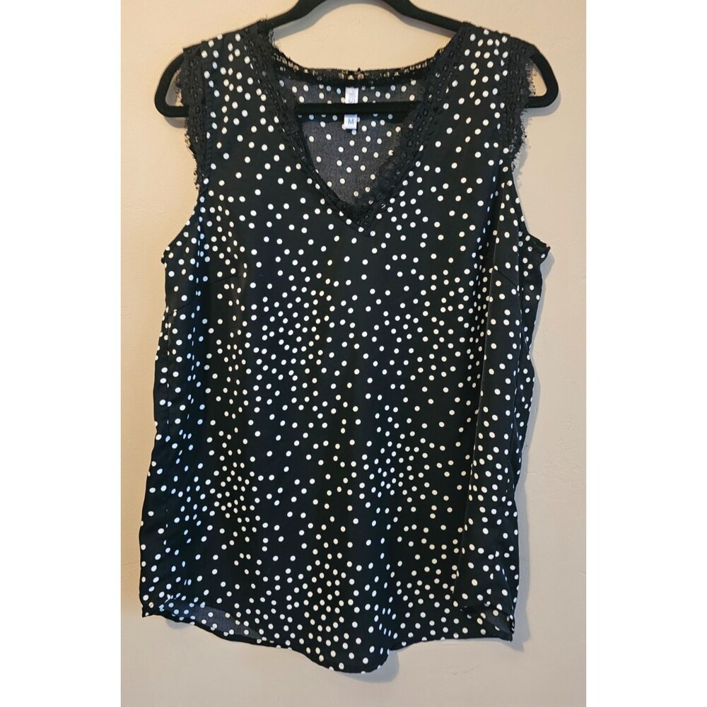 VIISHOW women's  Black with white polka dots with Lace Trim V-Neck sz Med